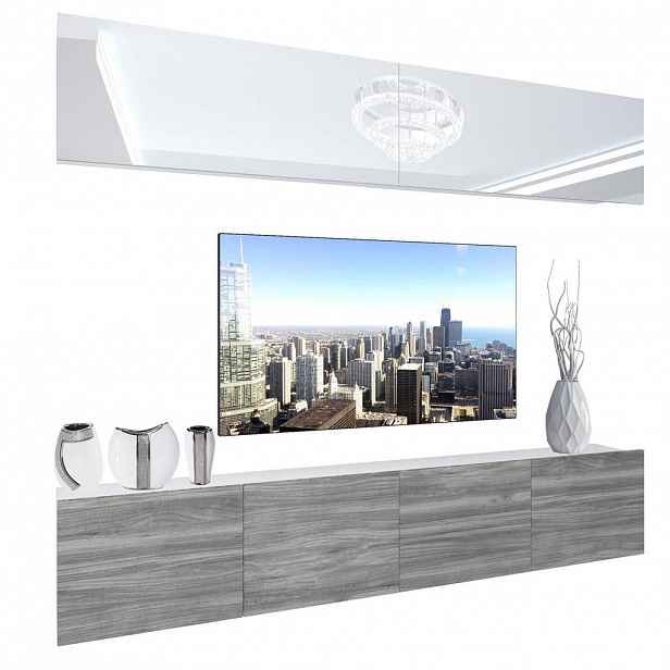 B BELINI GROUP OBÝVACÍ STĚNA Sestava skříní s LED Bílá / Glamour dřevo