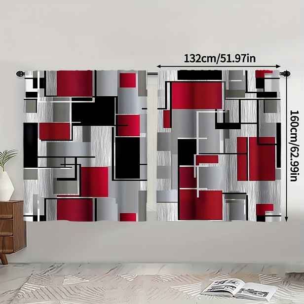 TEMU 2 ks, Celoroční Ploché Závěsy s 2D Tiskem, Velké Abstraktní Geometrické Moderní Umění, 100% Polyester, Vhodné pro Obývací Pokoj, Ložnici,
