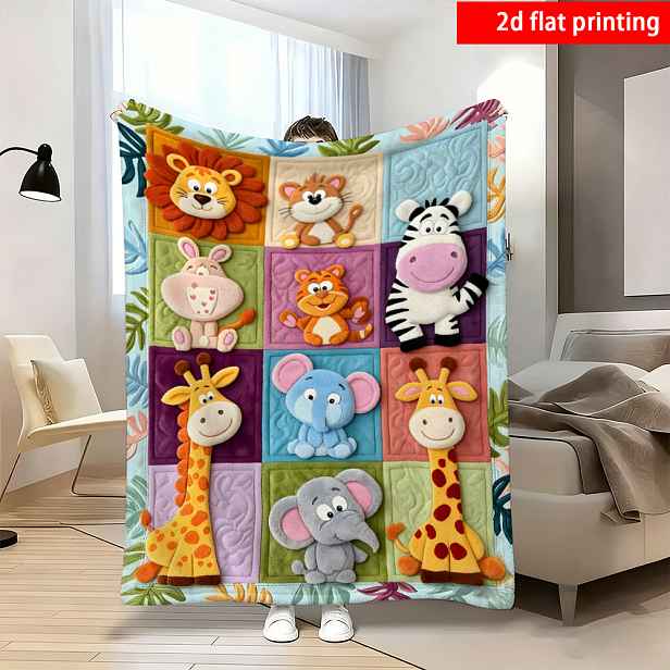 TEMU 2D Plochý Tisk, 1 ks, Flanelová s Patchwork Texturou a Potiskem Kreslených Lesních Zvířat, Jednostranný Tisk, Vhodná pro Všechna Roční Období,