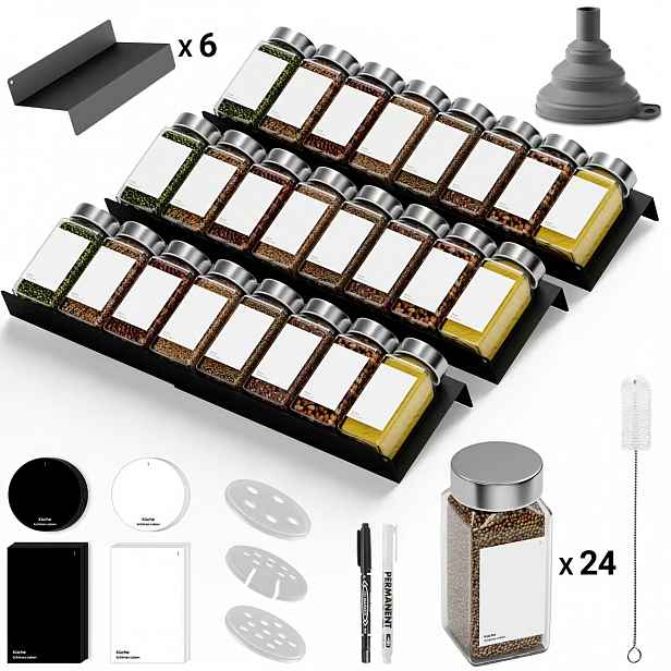TEMU Stojan na koření sada s kořenkovými sklenicemi, 6ks stojan na koření (včetně 24 x 120ml kořenkových sklenic), s popisky a , vhodný do všech