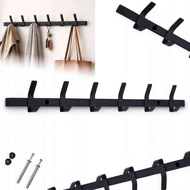 Nástěnný Věšák Na Oblečení S 12 Háčky, Držák, Černý, 60 CM