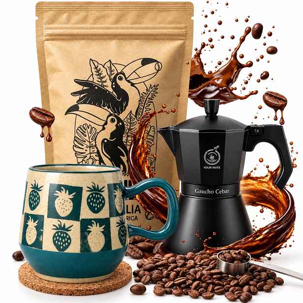 Sada Kávovar Moka Pot 300 ml Káva Arabica Hrnek Dárek pro Kávovar