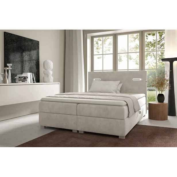 Čalouněná postel 180x220 MIRONA s LED osvětlením - béžová + topper ZDARMA