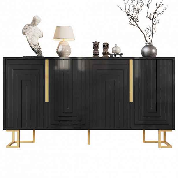 Modfu PŘÍBORNÍK z MDF 152x40x75 cm černý se 2 dvířky, 4 přihrádkami a geometrickým čelem