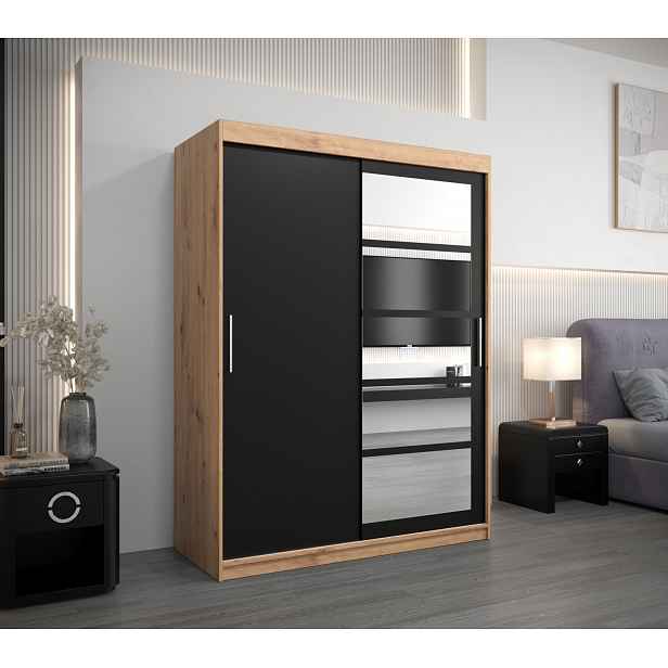 Šatní skříň se zrcadly KLEOPATRA - šířka 150 cm, dub artisan / černá