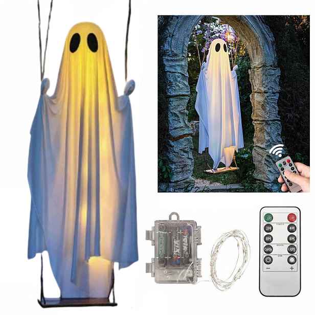 Halloweenská závěsná dekorace duch na houpačce, strašidelná pro verandu, zahradu