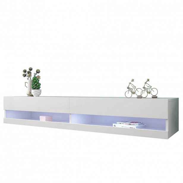 Modfu TV stolek z MDF 140x40x30,5 cm bílý se závěsným provedením, LED osvětlením a vysokým leskem