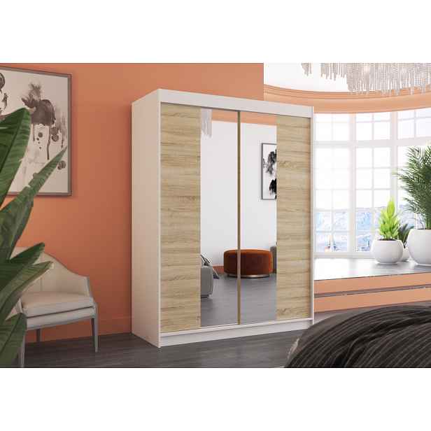 Šatní skříň se zrcadlem 150 cm CAFA - bílá / dub sonoma