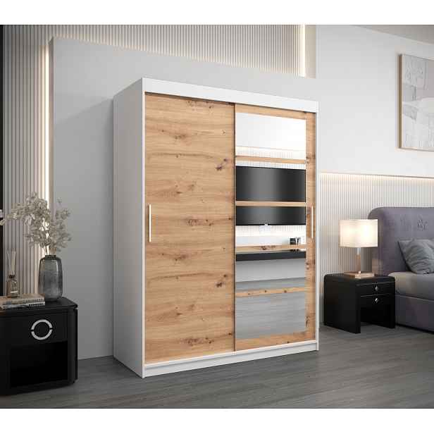 Šatní skříň se zrcadly KLEOPATRA - šířka 150 cm, bílá / dub artisan