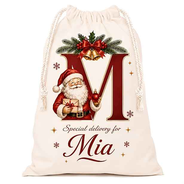 TEMU Personalizovaná vánoční plátěná dárková taška s iniciálami a jménem, 26 iniciál, velká látková taška s vlastním vzorem Santa , personalizovaná