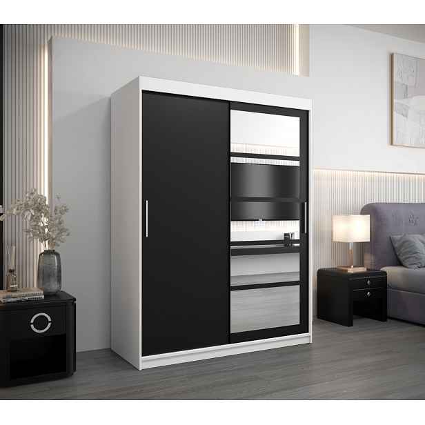 Šatní skříň se zrcadly KLEOPATRA - šířka 150 cm, bílá / černá