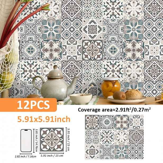 TEMU 12 ks Samolepící podlahové dlaždice v boho stylu, 5.91/7.87/ palce, odnímatelné a propojitelné dekorativní nálepky do kuchyně, koupelny, balkonu