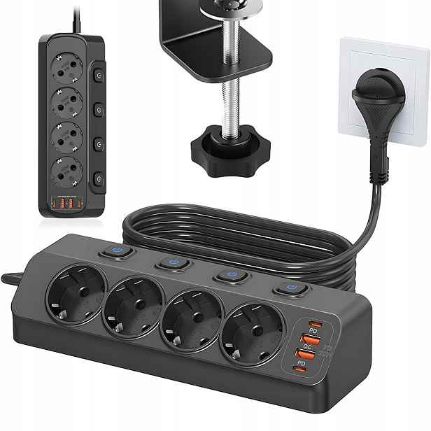 Prodlužovací Kabel Zásuvková Lišta Nabíječka 4 Zásuvek S Vypínači 4X Usb 2 M