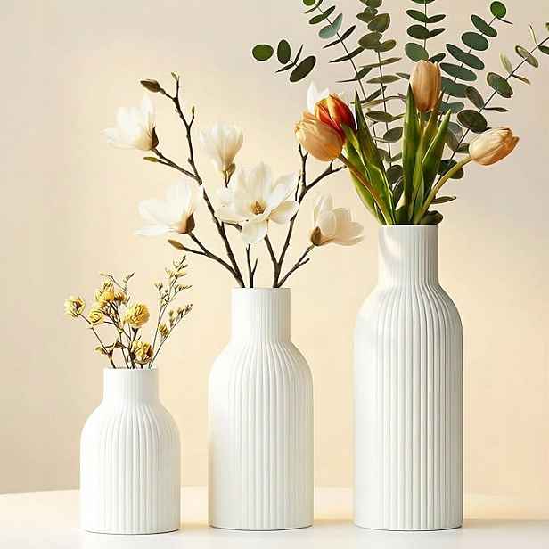 Sada 3 keramických váz – skandinávský styl, bílé na sušené květiny