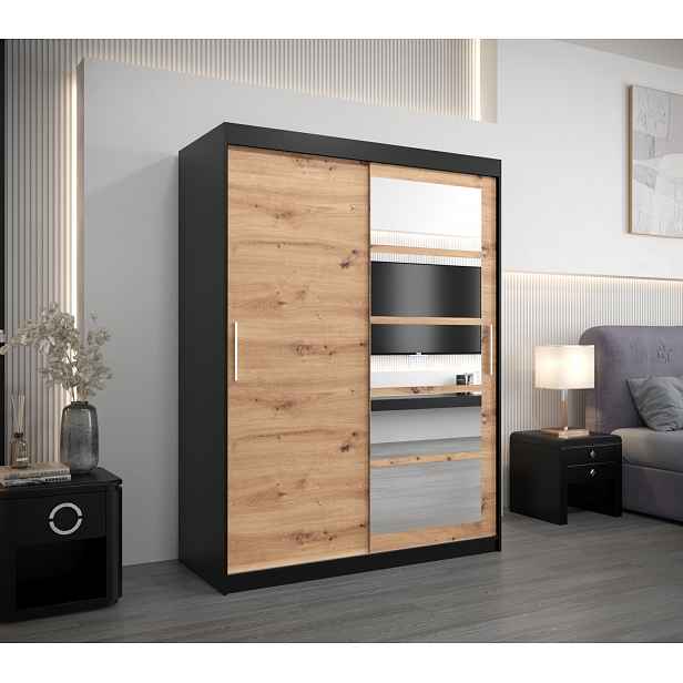 Šatní skříň se zrcadly KLEOPATRA - šířka 150 cm, černá / dub artisan