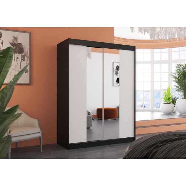 Šatní skříň se zrcadlem 150 cm CAFA - černá / bílá