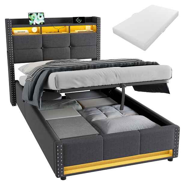 STILVORA ČALOUNĚNÁ POSTEL 90 × 200 cm s matrací, úložným prostorem, LED a USB, šedá, lněný potah