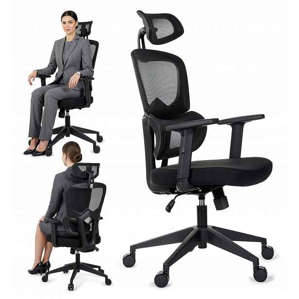 Ergonomické pohodlné kancelářské křeslo, nastavitelné područky a opěrka hlavy Bozp