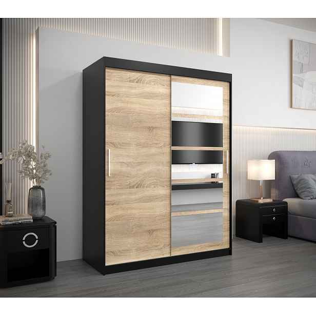 Šatní skříň se zrcadly KLEOPATRA - šířka 150 cm, černá / dub sonoma