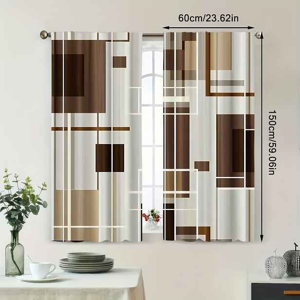 TEMU 2ks Moderní Geometrické Hnědé Závěsy s Čtvercovým Potiskem, 100% Polyester, Svetloprohánějící, Kapsou na Tyč pro Obývací Pokoj Ložnici, Pratelné