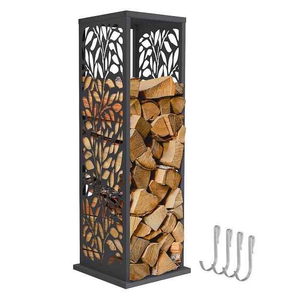 ML-DESIGN REGÁL NA DŘEVO Vnitřní i venkovní regál na dřevo 37,5 x 37,5 x 112 cm z pozinkované oceli v antracitové barvě s motivem listů