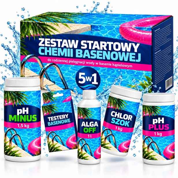 Startovací Komplet Bazén 5V1 Chlor Šok Tester Ph Plus Ph Minus Alga Off