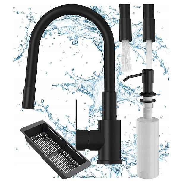 Kuchyňská Sada Černá Kuchyňská baterie Grado Plus Dávkovač Košík