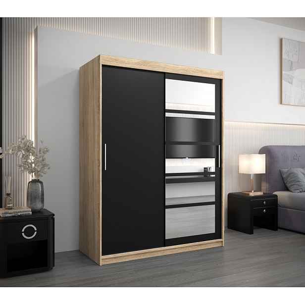 Šatní skříň se zrcadly KLEOPATRA - šířka 150 cm, dub sonoma / černá