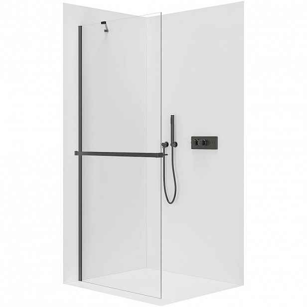 Sprchová zástěna Walk-in Onyx Y L/P - 10 mm + polička/držák - černá matná, transparentní sklo - 150x200 cm
