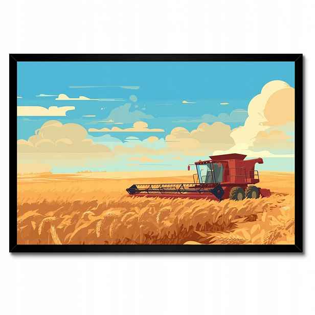 Plakáty v rámu 60x40 Červený kombajn v poli na sklizni