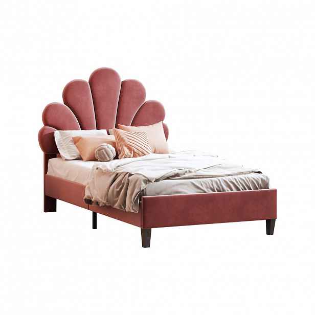 OKWISH ČALOUNĚNÁ postel 90/200 cm fazolově červená z MDF se sametovým čelem ve tvaru květu