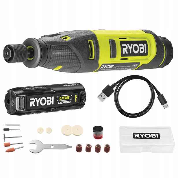 Ryobi Vysokootáčkové nářadí 4V Usb Lithium 15 příslušenství, Aku 2Ah, kabel