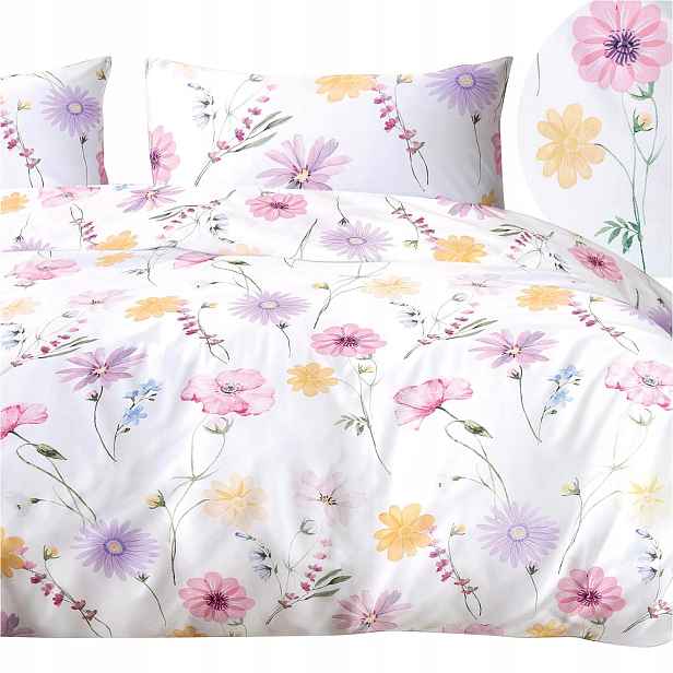 Povlečení Vellia 220x200, květy, bílá růžová, modrá Satynlove