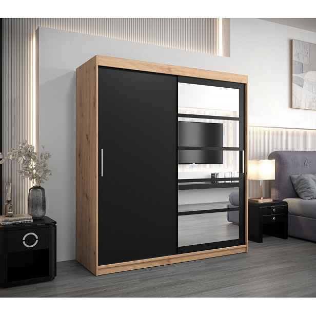 Skříň s posuvnými dveřmi MICHALELA - šířka 180 cm, dub artisan / černá