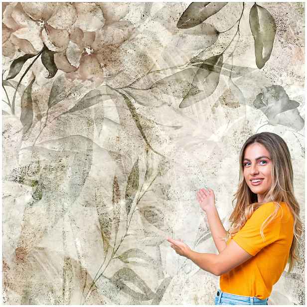 Fototapeta 3D Obývací Pokoj Ložnice Boho Tráva Listy Beton Loft 588x280 BKLB08W