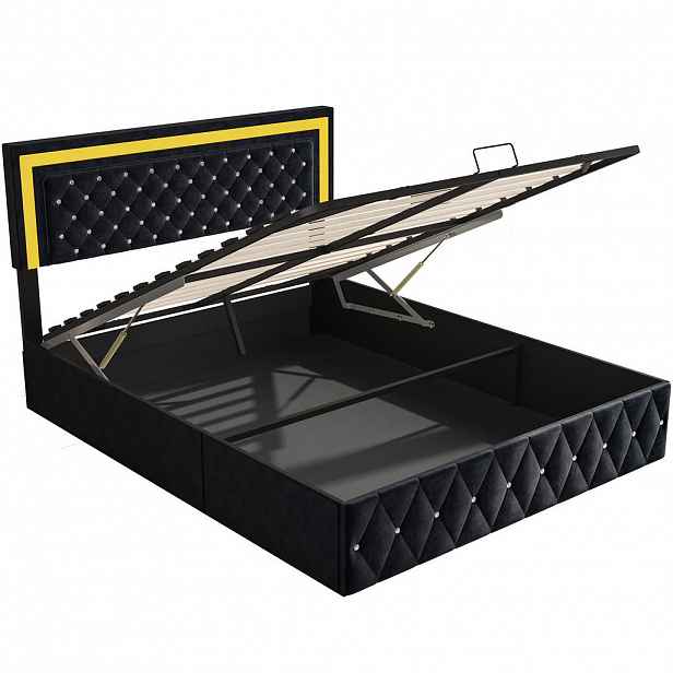 SHOPENTRA ČALOUNĚNÁ postel 160x200cm černý samet s hydraulickým úložným prostorem LED