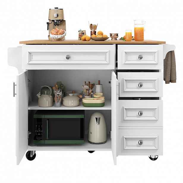 STILVORA KUCHYŇSKÝ OSTRŮVEK v bílé barvě se sklopnou deskou a úložným prostorem, 110×45-75×92 cm