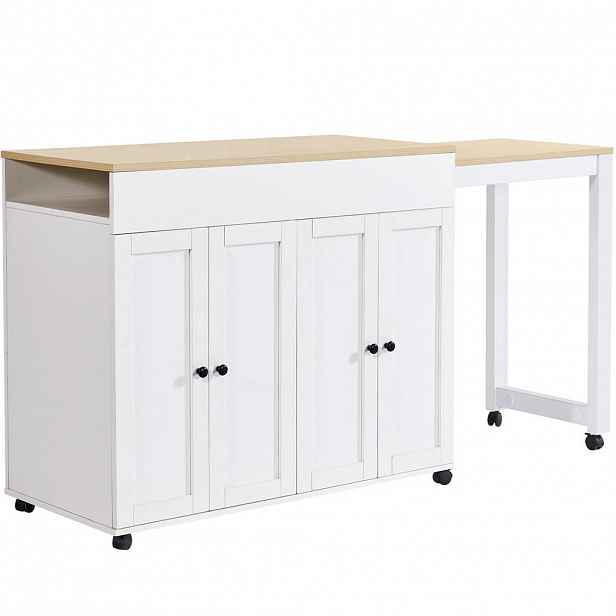 STILVORA KUCHYŇSKÝ OSTRŮVEK v bílé barvě s rozkládací deskou a úložným prostorem, 118-180×50×94 cm