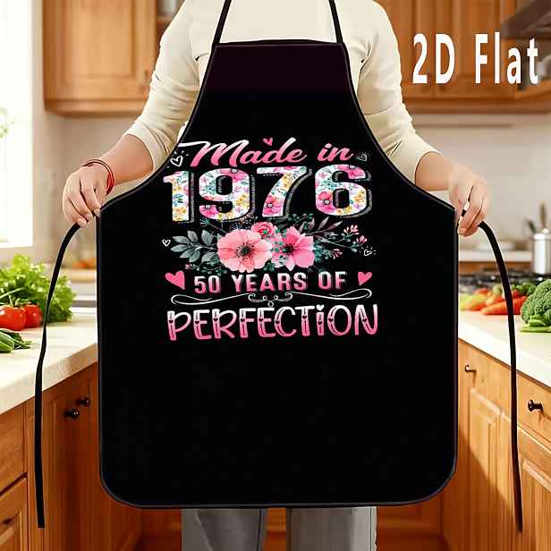 TEMU 1 ks 2D plochá zástěra s potiskem "50 let perfektního roku 1976", odolná a snadno se čistí, nastavitelný pas, polyesterový materiál, unisexová