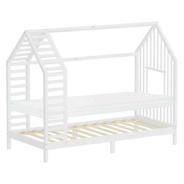ML-DESIGN DĚTSKÁ POSTEL 90 x 200 cm s matrací, lamelovým roštem a střechou – postel ve tvaru domečku z masivního borovicového dřeva, bílá