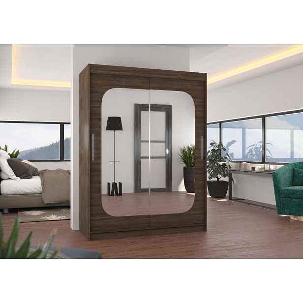 Šatní skříň se zrcadlem 150 cm QUELA - tmavě hnědá