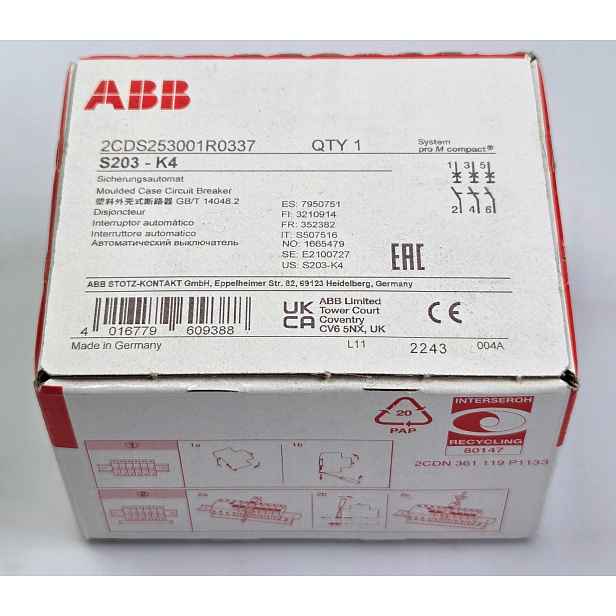 Nadproudový spínač Abb S203-K4 3P K 4A 10kA 2CDS253001R0337