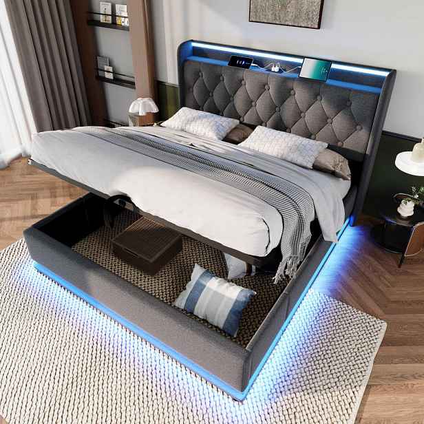 Redom ČALOUNĚNÁ postel 180/200 cm s LED osvětlením, USB a USB-C, hydraulickým úložným prostorem, lněná, Šedá