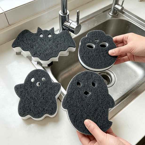 TEMU 4ks Halloweenské čisticí houbičky, černé drátěnky ve 4 tvarech, pro drhnutí kuchyňského nádobí a nádobí, drhnutí vodního kamene v koupelně,