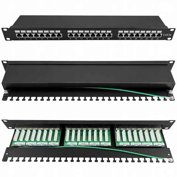 Patch panel stíněný kat. 5e 19 palců 1U 24xRJ45 Ftp Lsa černý s policí