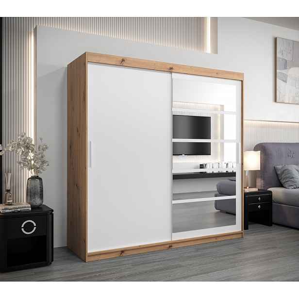 Šatní skříň DENISA - šířka 200 cm, dub artisan / bílá