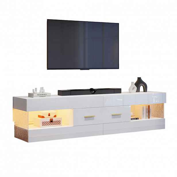 STILVORA BÍLÝ TV STOLEK s LED, otevřenými policemi a zásuvkami, 152/35/40 cm, do obývacího pokoje