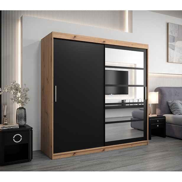 Šatní skříň DENISA - šířka 200 cm, dub artisan / černá