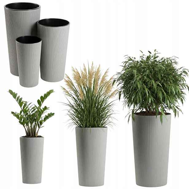 Set 3 Zahradních Květináčů Plastové vysoké obaly na květiny terasa šedá