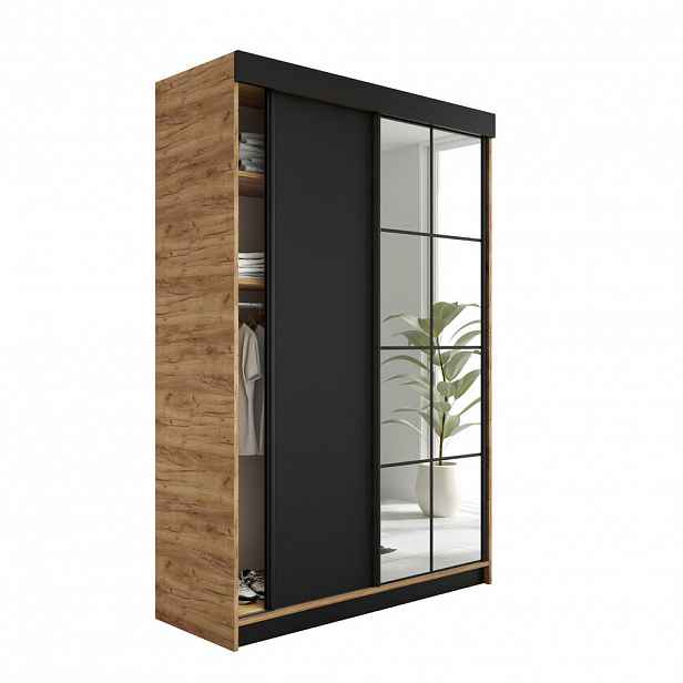 Kier Furniture POSUVNÁ ŠATNÍ SKŘÍŇ LAMARO - 138x205x59 - Dub Craft & Černá